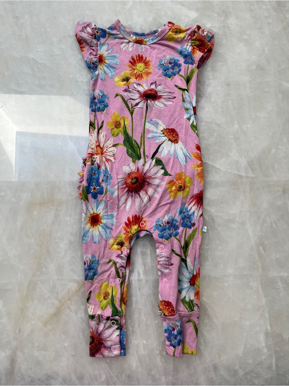 Posh Peanut Pink Floral Stretchy One-Piece with Ruffle Sleeves button up